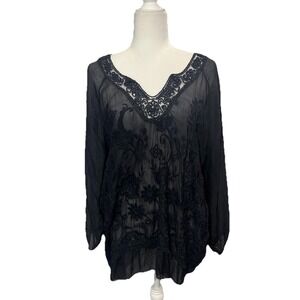Bella Amore Black Beaded V Neck Sheer Embroidered Tunic Top Made in Italy S M
